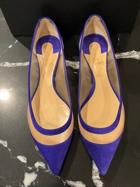 Christian Louboutin Pointed Flats in Vivid Blue/Purple Suede and Nude Mesh